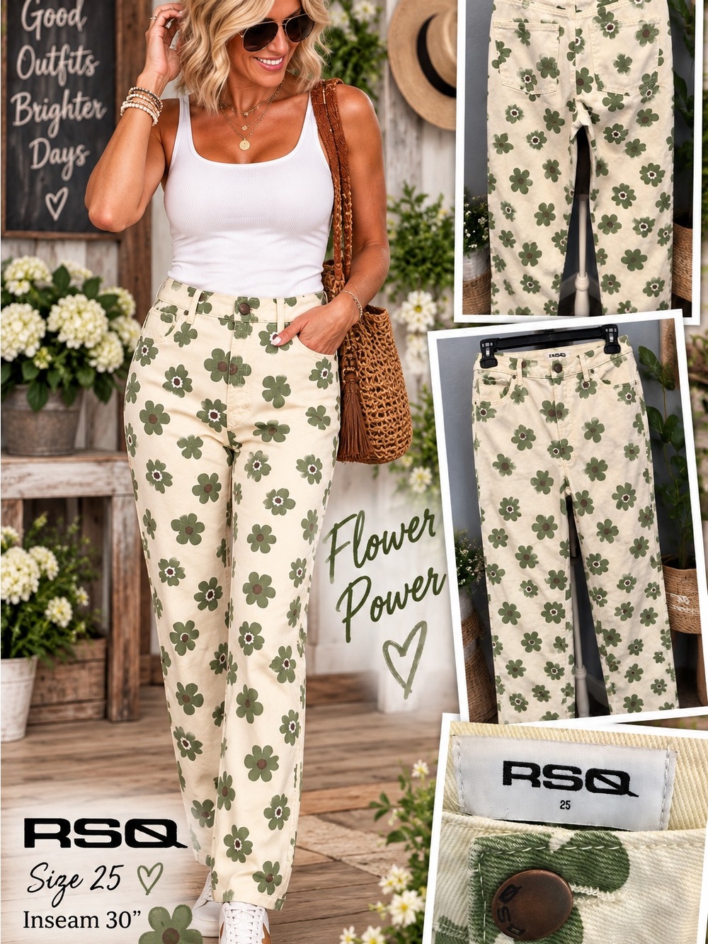 RSQ by Tilly’s Women's Cream Floral Print Pants - Green Flower Power
